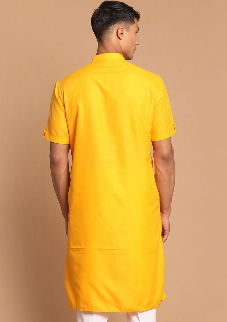 Mustard Solid Cotton Kurta For Men