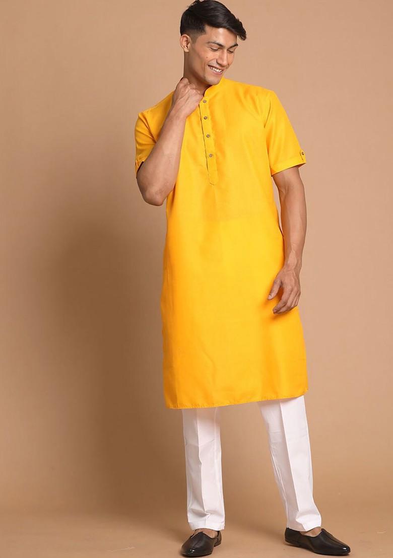Mustard Solid Cotton Kurta For Men