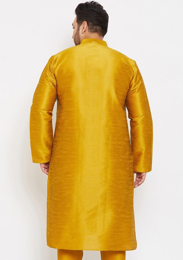 Mustard Solid Poly Blend Kurta For Men