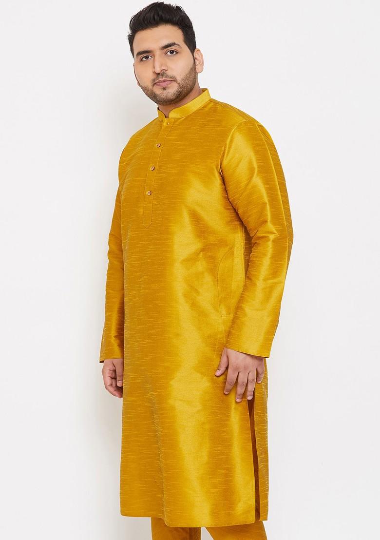Mustard Solid Poly Blend Kurta For Men