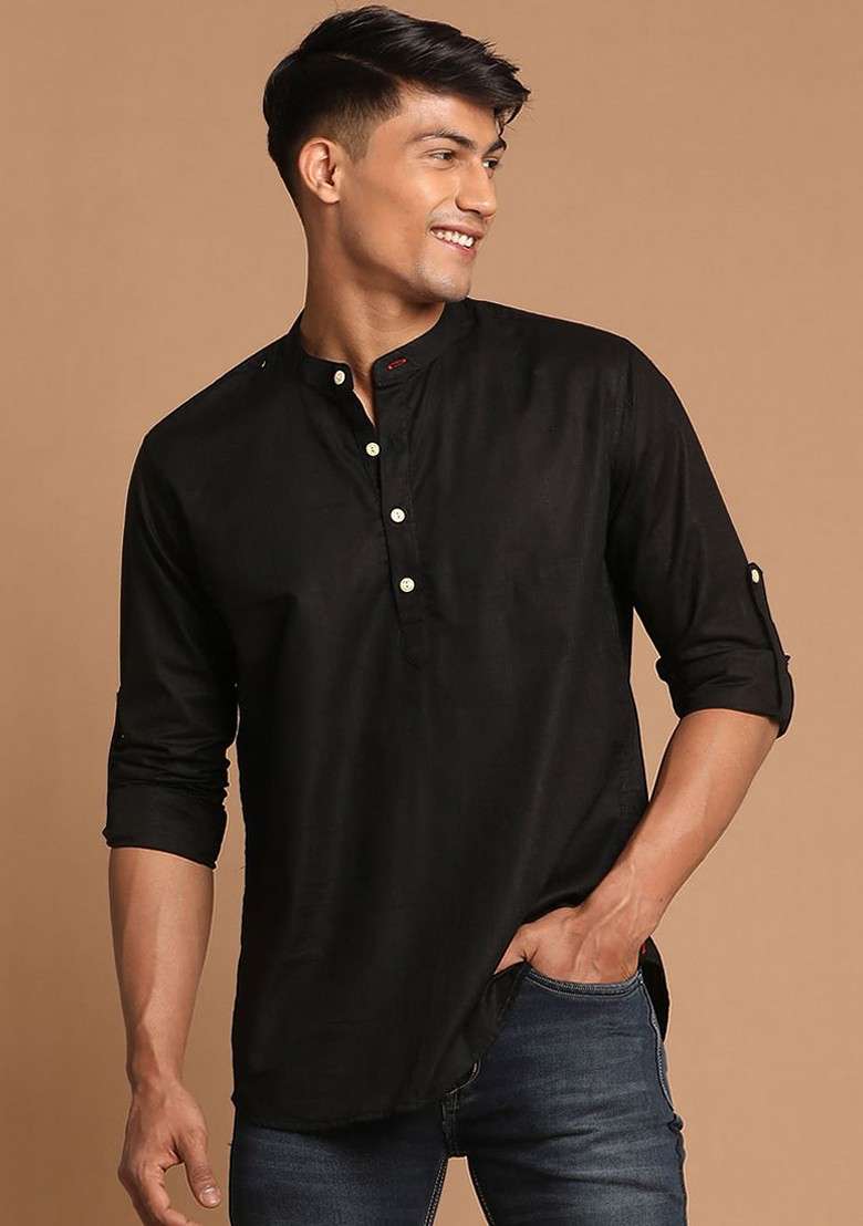 Black Solid Poly Blend Kurta For Men - Indya