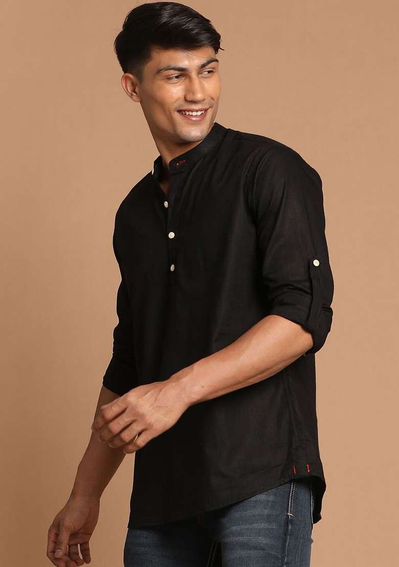 Black Solid Poly Blend Kurta For Men - Indya