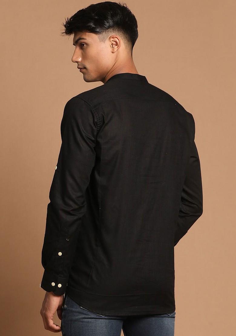 Black Solid Poly Blend Kurta For Men