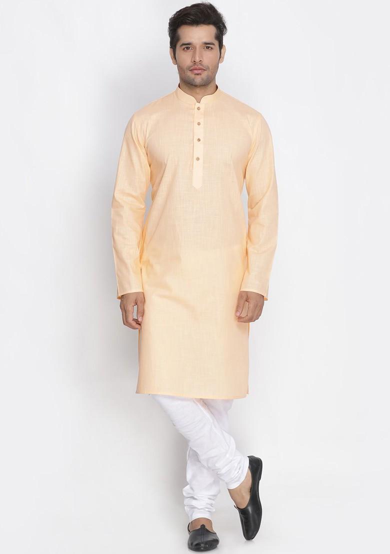 Peach Solid Poly Blend Kurta For Men