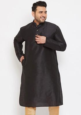 Black Solid Poly Blend Kurta For Men