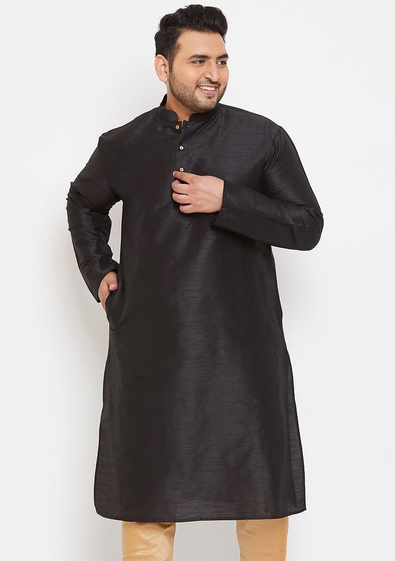 Black Solid Poly Blend Kurta For Men