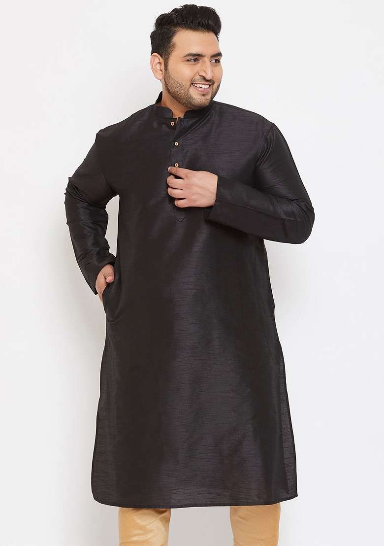 Black Solid Poly Blend Kurta For Men - Indya