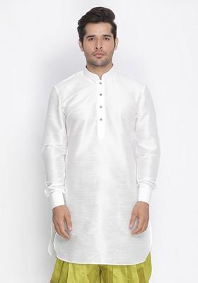 White Solid Poly Blend Kurta For Men