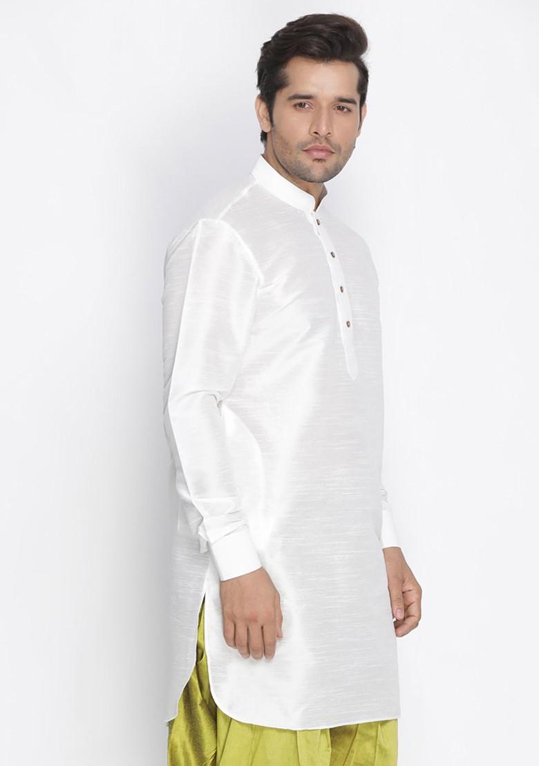 White Solid Poly Blend Kurta For Men