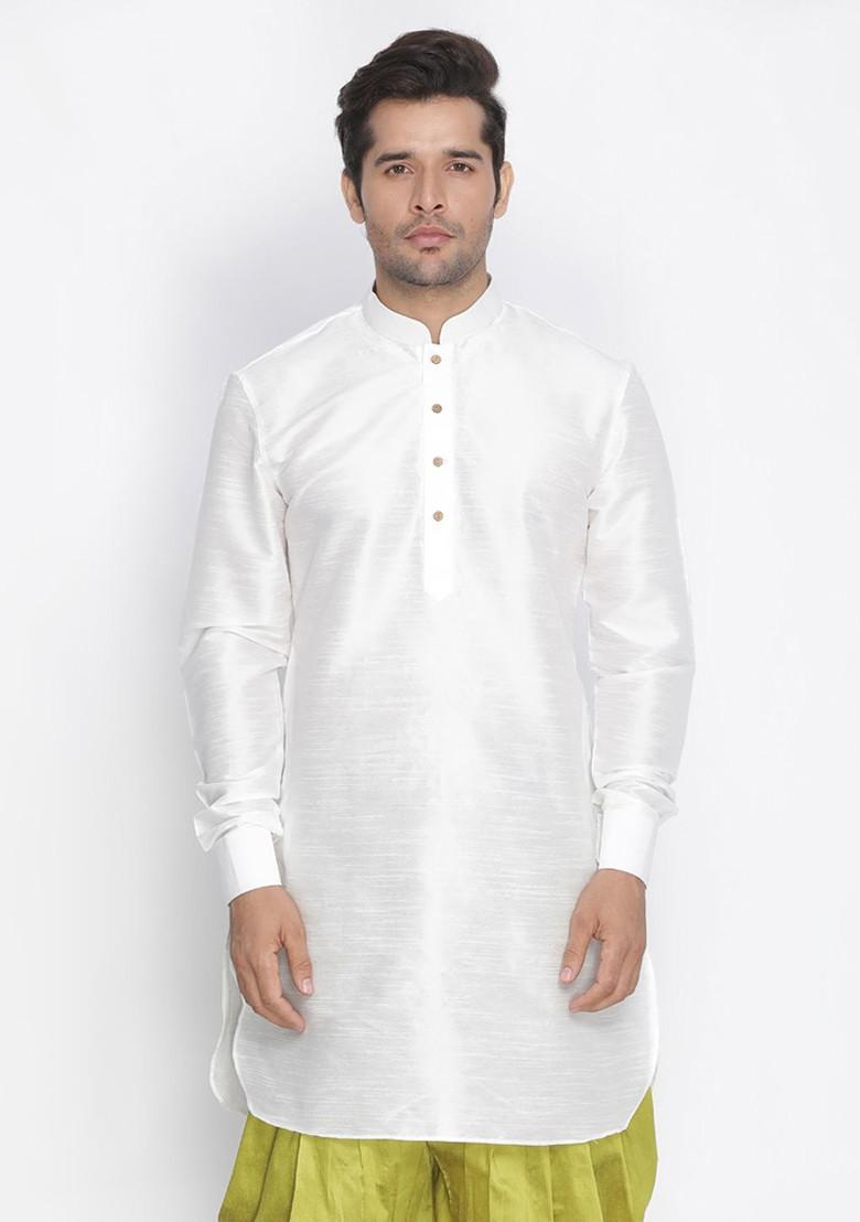 White Solid Poly Blend Kurta For Men