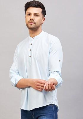 Blue Solid Cotton Kurta For Men