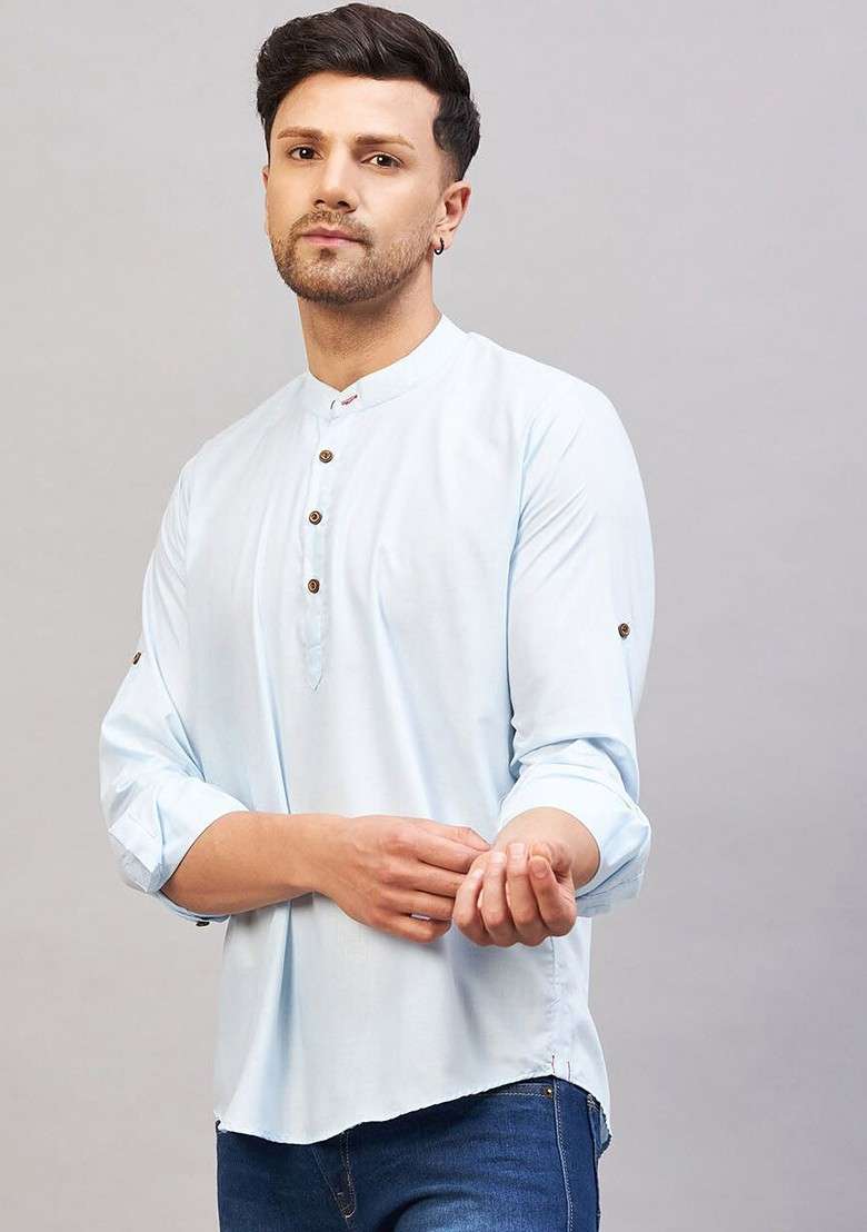 Blue Solid Cotton Kurta For Men - Indya