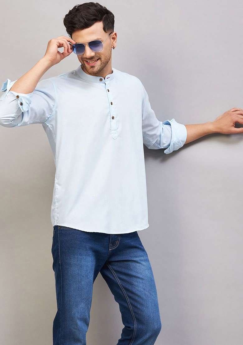 Blue Solid Cotton Kurta For Men - Indya