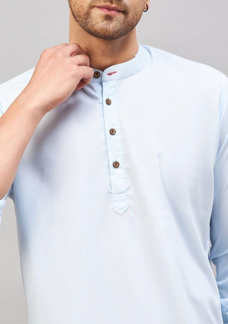 Blue Solid Cotton Kurta For Men