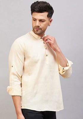 Cream Solid Cotton Kurta For Men