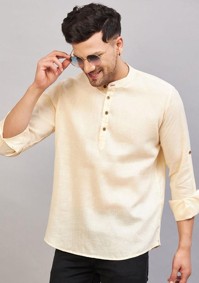 Cream Solid Cotton Kurta For Men