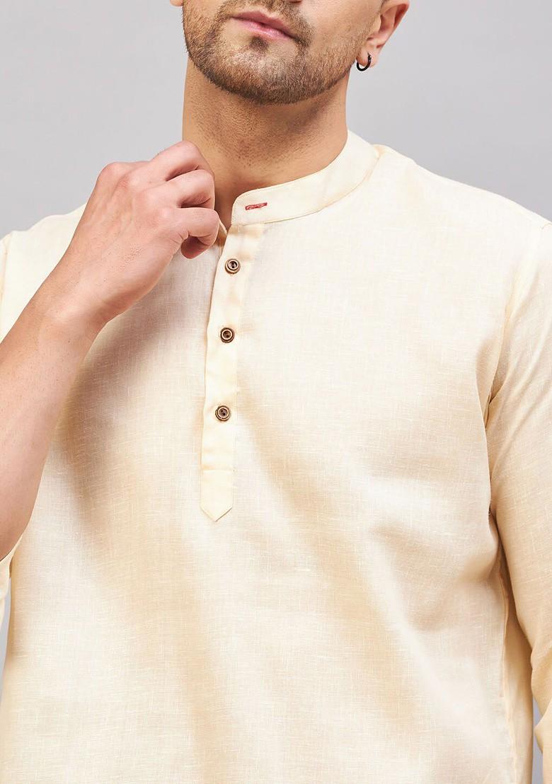 Cream Solid Cotton Kurta For Men