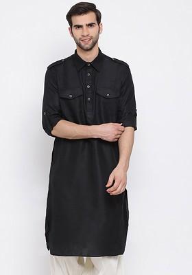 Black Solid Pathani Kurta For Men