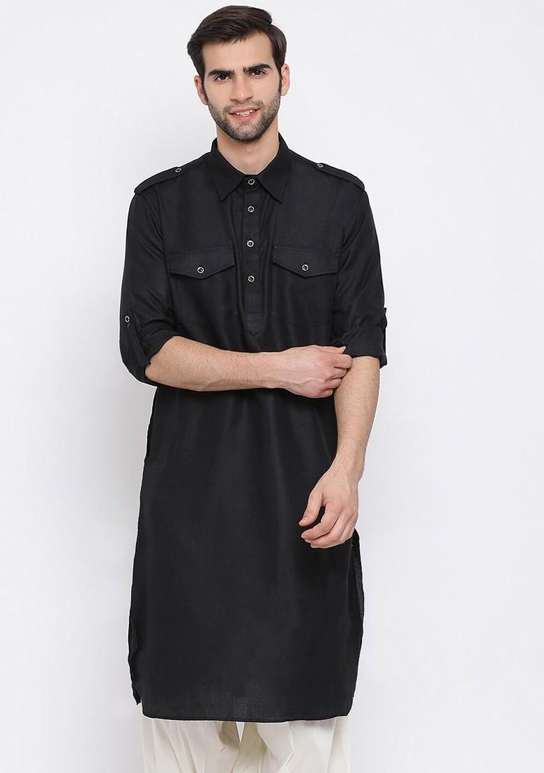 Black Solid Pathani Kurta For Men