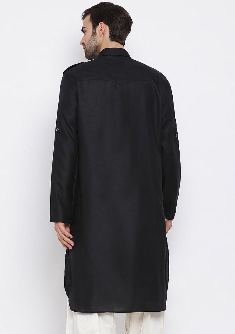 Black Solid Pathani Kurta For Men