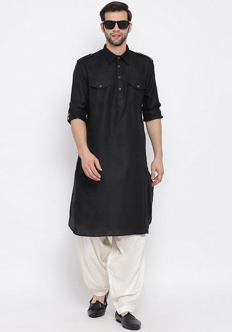 Black Solid Pathani Kurta For Men