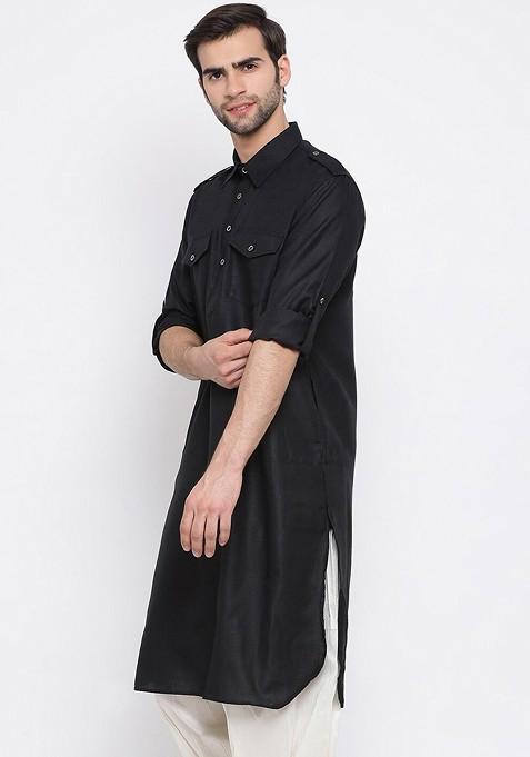 Black Solid Pathani Kurta For Men