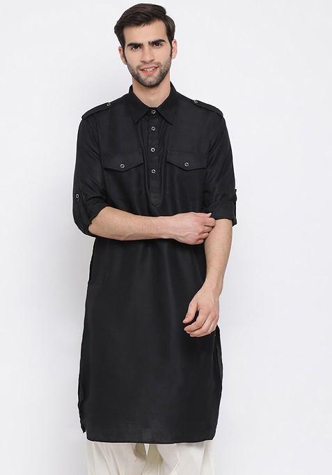 Black Solid Pathani Kurta For Men