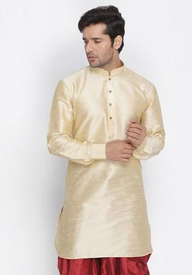 Gold Solid Poly Blend Kurta For Men