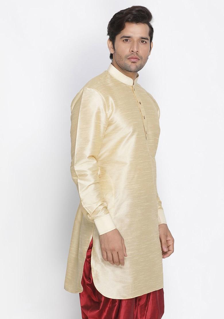 Gold Solid Poly Blend Kurta For Men