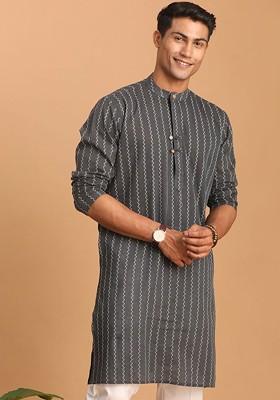 Grey Striped Cotton Kurta For Men