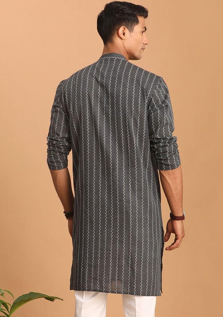 Grey Striped Cotton Kurta For Men
