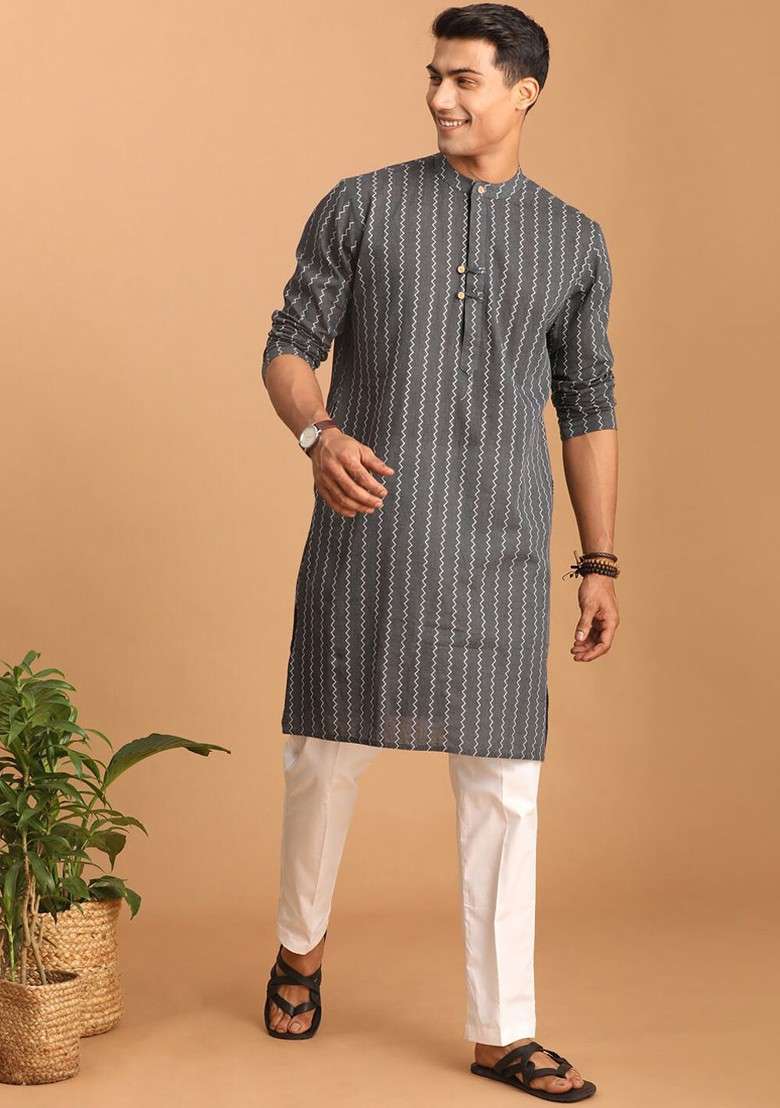 Grey Striped Cotton Kurta For Men - Indya