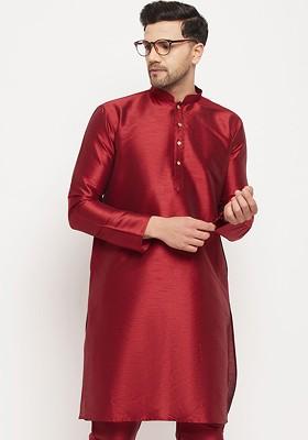 Maroon Solid Poly Blend Kurta For Men