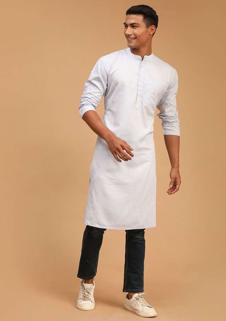 Blue Solid Cotton Kurta For Men - Indya