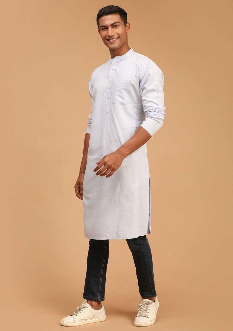 Blue Solid Cotton Kurta For Men - Indya