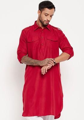 Red Solid Pathani Kurta For Men