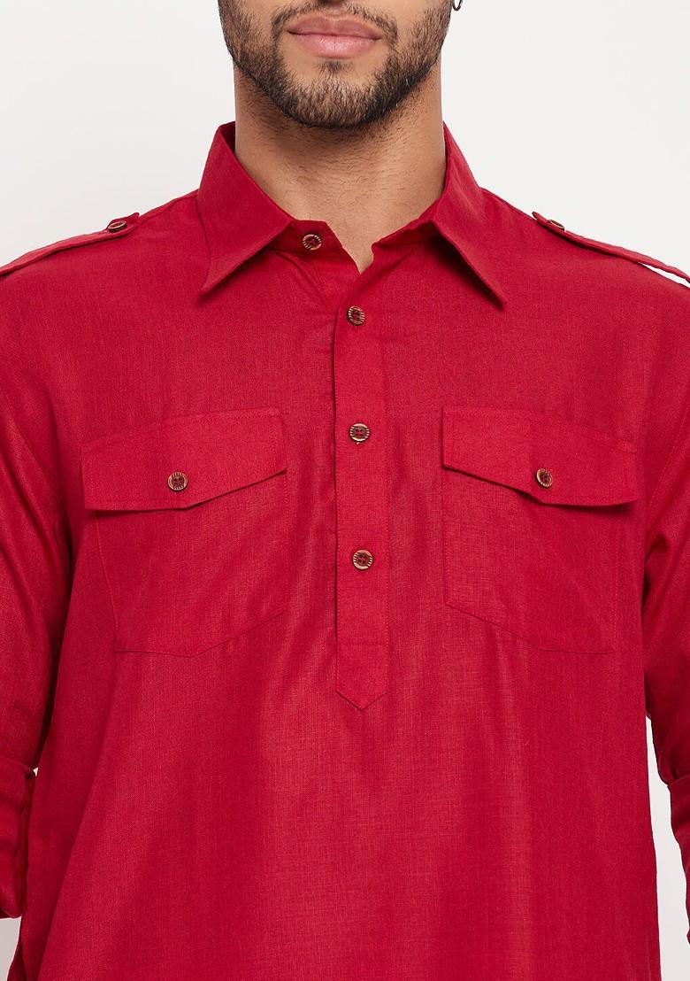 Red Solid Pathani Kurta For Men