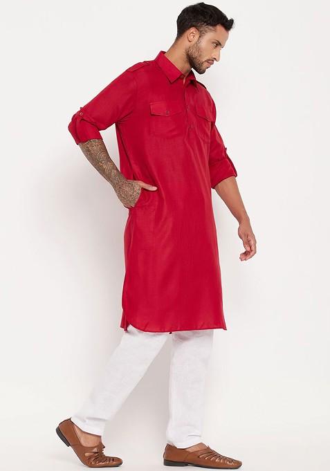 Red Solid Pathani Kurta For Men