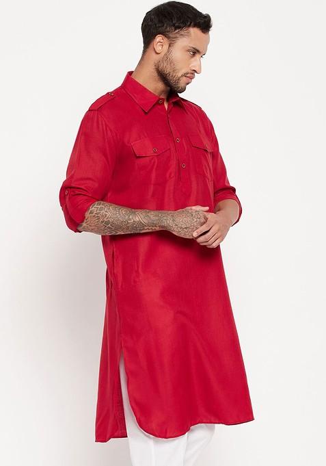 Red Solid Pathani Kurta For Men