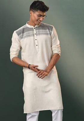 Cream Thread Work Cotton Kurta For Men