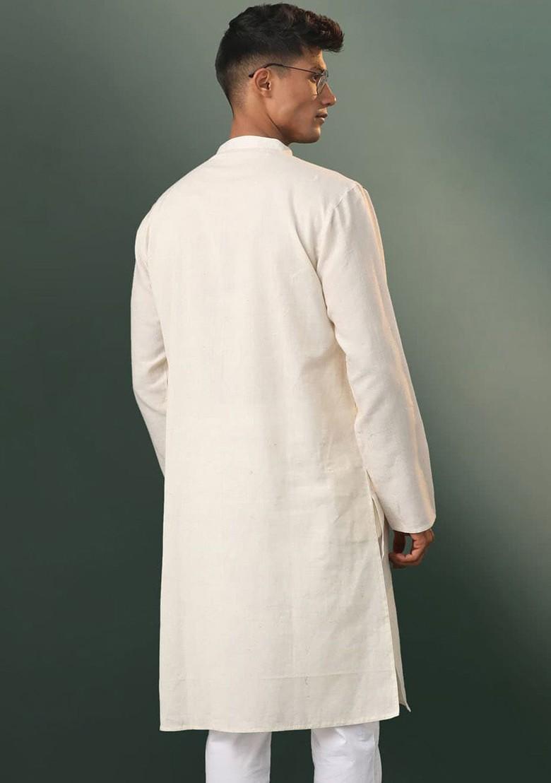 Cream Thread Work Cotton Kurta For Men