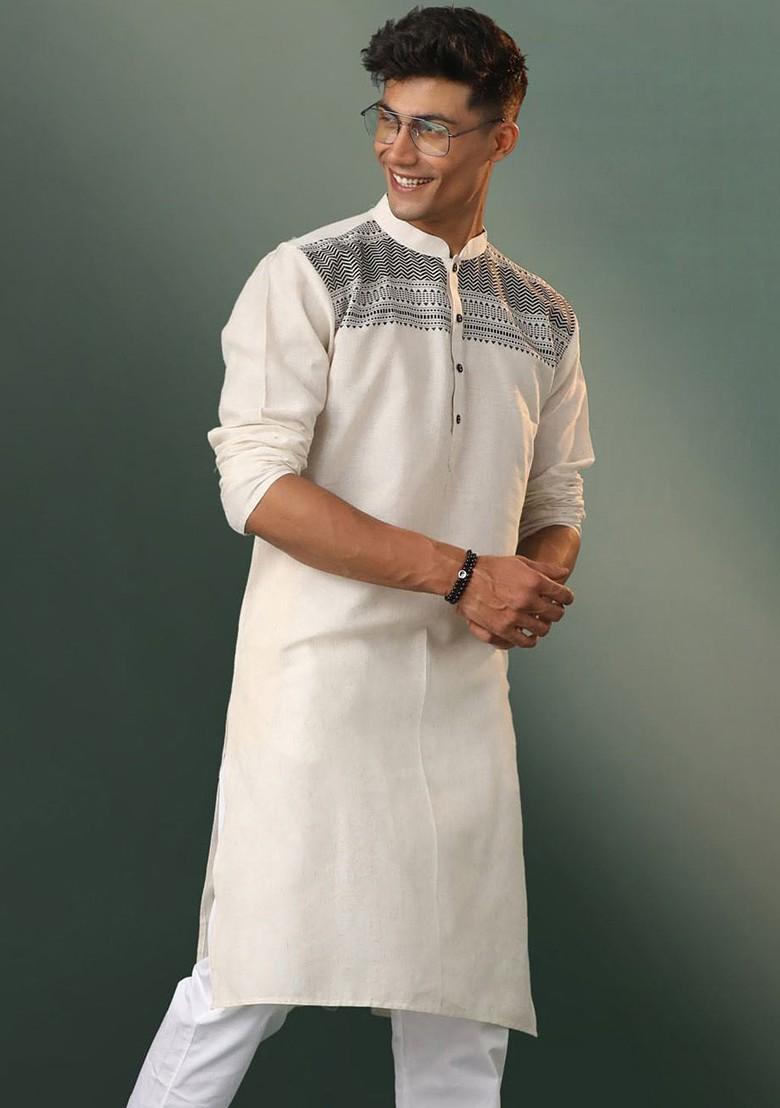 Cream Thread Work Cotton Kurta For Men