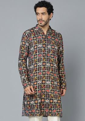 Navy Blue Ethnic Motifs Poly Blend Kurta For Men