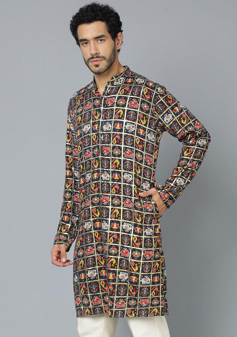 Navy Blue Ethnic Motifs Poly Blend Kurta For Men