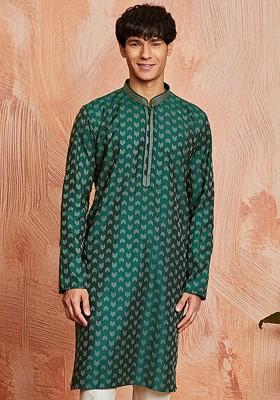 Green Embroidered Jacquard Kurta For Men