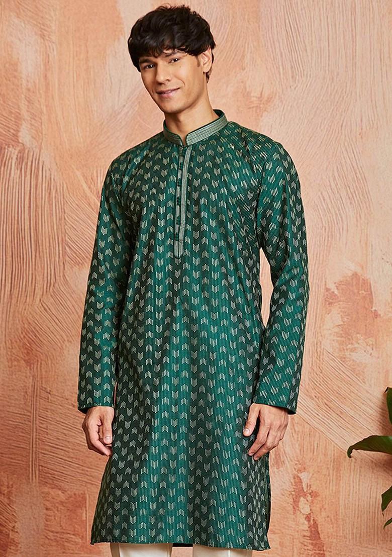 Green Embroidered Jacquard Kurta For Men