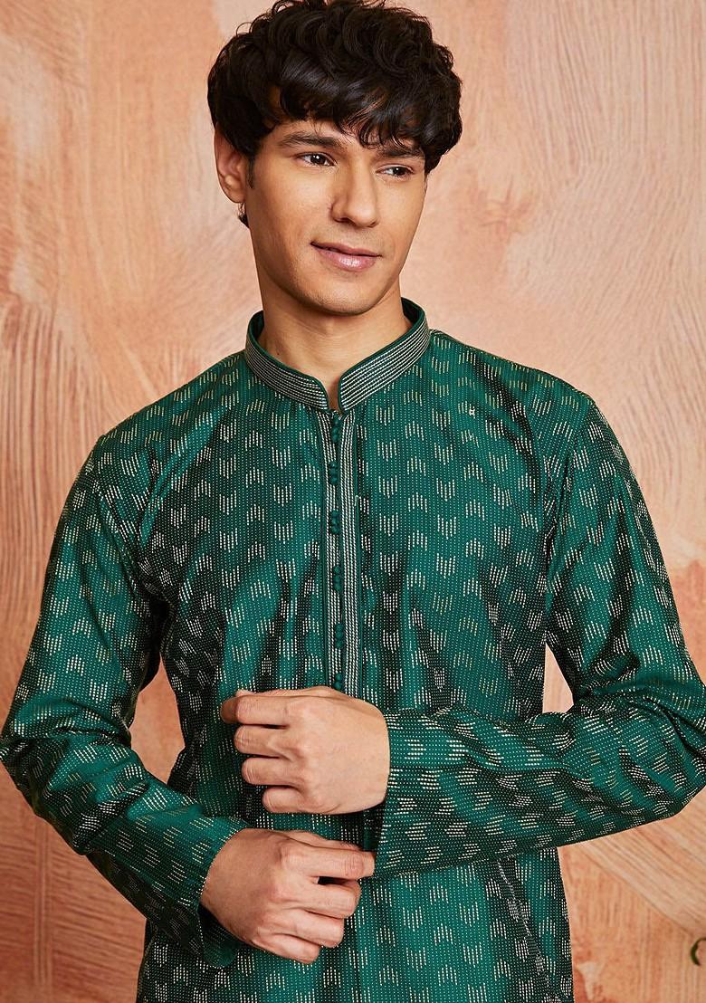 Green Embroidered Jacquard Kurta For Men
