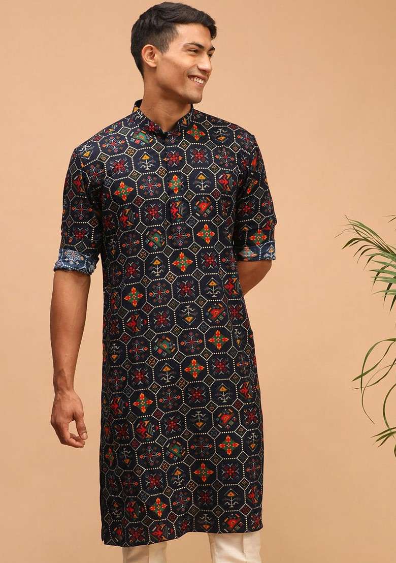 Navy Blue Ethnic Motifs Cotton Kurta For Men - Indya