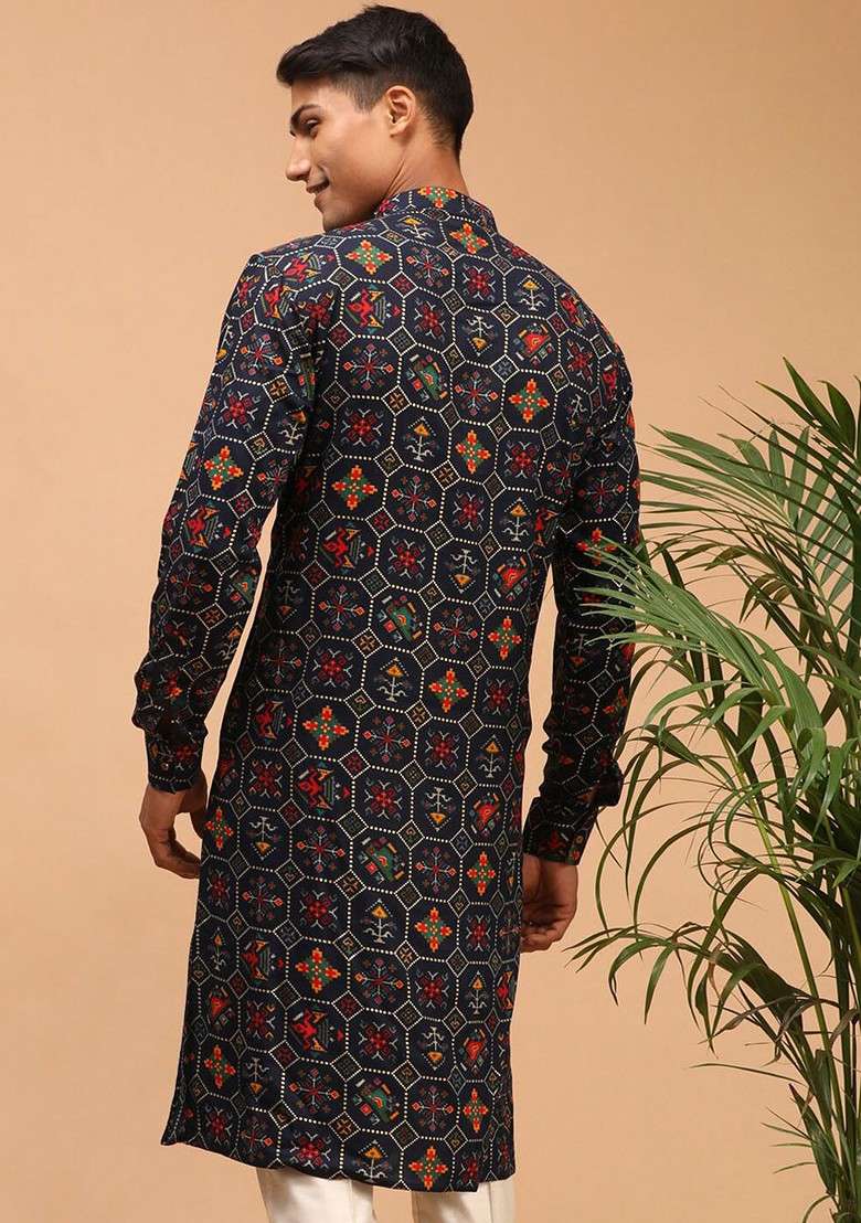 Navy Blue Ethnic Motifs Cotton Kurta For Men - Indya