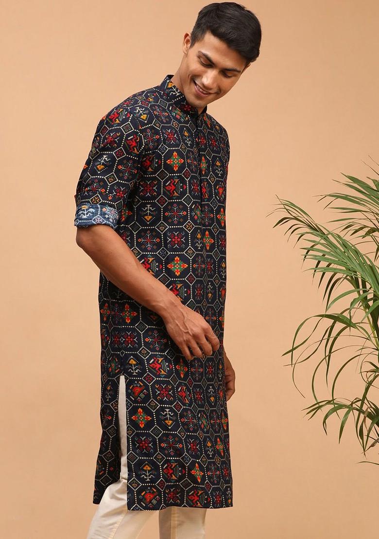 Navy Blue Ethnic Motifs Cotton Kurta For Men